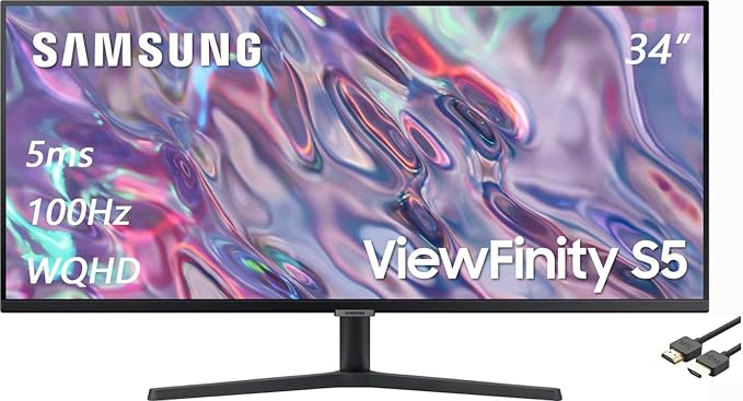 SAMSUNG 34 ViewFinity S50GC Series Ultra-WQHD Monitor 100Hz 5ms Borderless Design AMD FreeSync Eye Care Black with MTC HDMI Cable