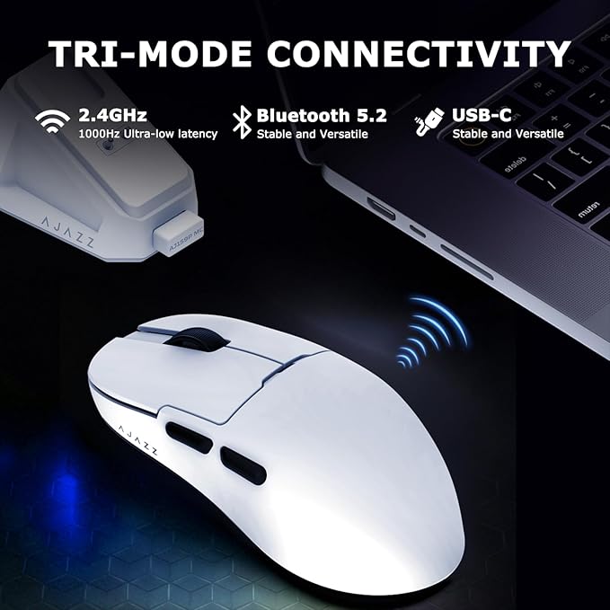 AJ159P MC Wireless Gaming Mouse 12000 DPI Tri-Mode 2.4G/Bluetooth/Wired Magnetic RGB Charging Dock 56g Ultra-Light Programmable 6 Buttons - Perfect for Gaming Work &amp Travel (White)