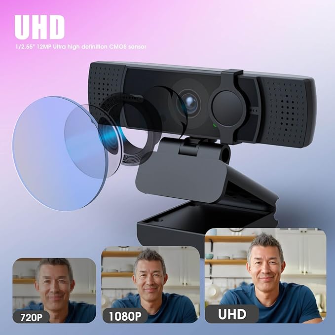 4K Webcam for PC &amp Laptop - Ultral HD 4K AI Autofocus Support DZoom and ePTZ Built-in Noise-Canceling Mics and Slidable Privacy Cover for Business Meetings Conferencing &amp Video Calls