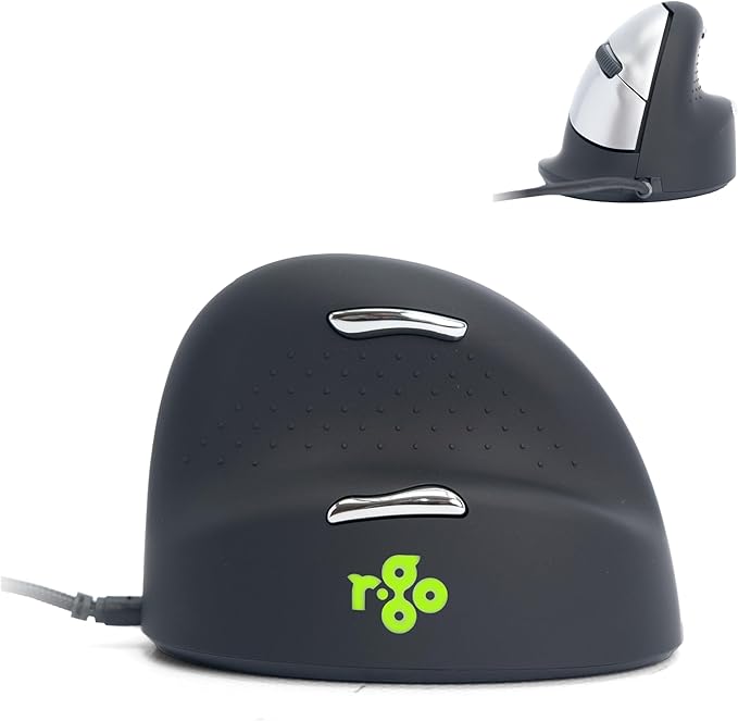 R-Go HE Ergonomic Mouse with Break Software USB-C Wired (with USB A Converter) Vertical Design Anti Carpal Tunnel Silent Click Customisable Buttons Compatible for Windows/Mac OS Black/Silver