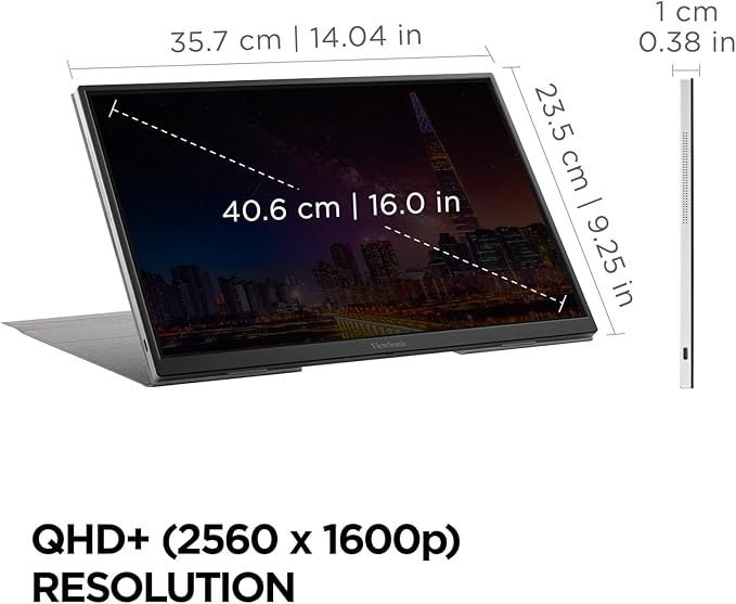 ViewSonic VG1656-2K 16 Inch WQXGA 1600p IPS Portable Monitor with 2 Way Powered 65W USB C and Smart Cover with Built-in Stand