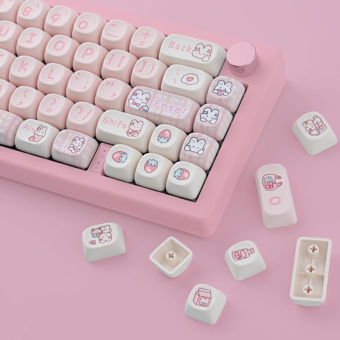 PBT 148 Keys Cute Keycaps Dye-Sublimation Bunny Keycaps Set MOA Profile for Cherry Gateron MX Keys Mechanical Keyboards