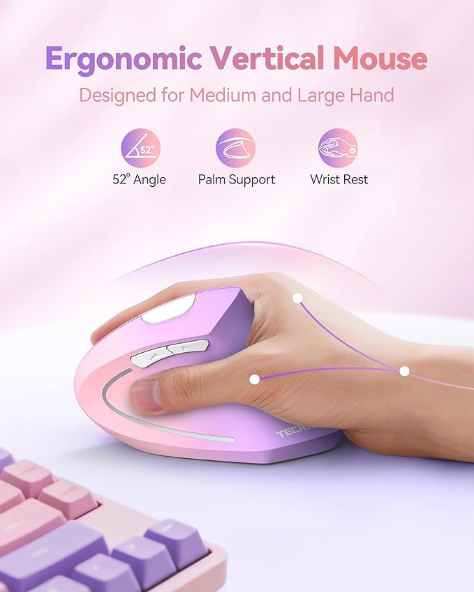 TECKNET 2.4G Ergonomic Mouse Vertical Wireless - 4800 DPI Optical Carpal Tunnel Mice Right Hand 4800 DPI Adjustable Quiet Clicks 6 Buttons for Laptop Desktop PC Computer - Pink Purple
