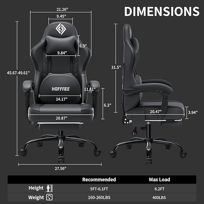 HOFFREE 3D Kneading Massage Gaming Chair with Heated Massage Lumbar Support Office Computer Chairs for Adults with Footrest Ergonomic Comfy Game Chair for Gaming Office 400lbs Grey