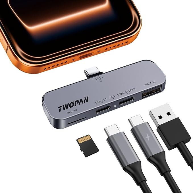 USB C iPhone Hub for ProRes Video Recording - Ultra-Slim Aluminum USB 3.2 Dual USB-C Micro SD and Charging Port Hub for iPhone 17/16/15 Pro/Pro Max