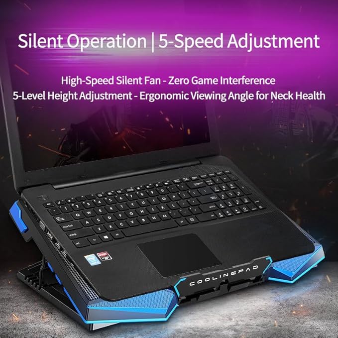 Upgrade Your Setup with This 17.3-inch Foldable Laptop Cooling Stand Featuring 5 high-Speed Fans Adjustable Ergonomic Design and Portable Cooling for Gaming or Work. Sleek Black &amp Blue Finish.