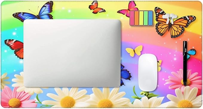 Butterflies On Daisies Rainbow Desk Cover MatExtended Large Mouse PadComputer Laptop Mat Desk Decor for Office Game Home 30x16 Inch