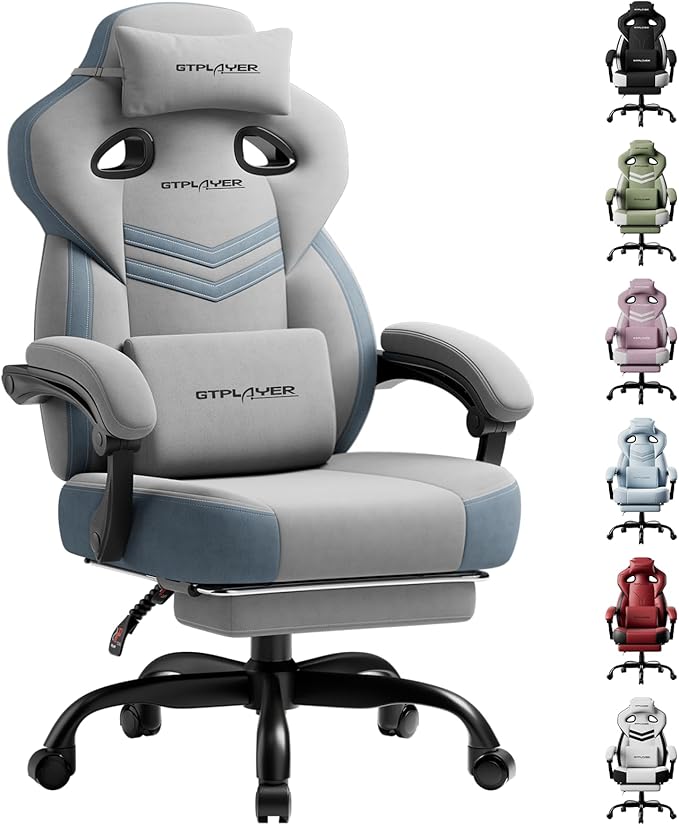 GTPLAYER Gaming Chair Computer Chair with Footrest and Lumbar Support for Adults 360°-Swivel Big &amp Tall Reclining Seat for Office or Gaming (Grey)