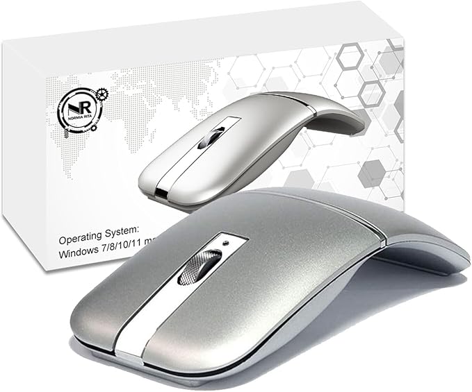 Foldable Arc Wireless Mouse Silent Click Bluetooth 5.0 and 2.4GHz Dual Modes Portable Curved Mouse for Home Office Travel (Silver)