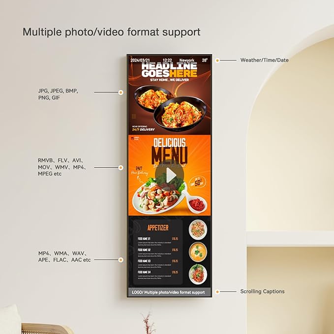 29inch Ultra-Wide Digital Signage Display 700nits Slim 25.8mm 6.8mm Frameless Commercial Advertising Screen Digital Menu Board for Restaurants Retail USB/HDMI/WiFi Android OS Free Cloud CMS