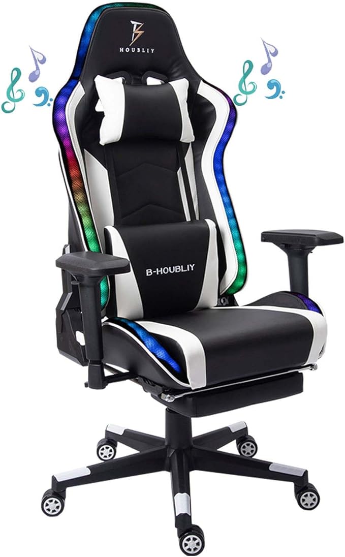 TBQATNTS High Back Video Gaming ChairComputer Chair with Footrest and Lumbar SupportVideo Game Chair with RGB Led Lights90°-180° Adjustment of BackrestDual Speakersfor Office Or GamingWhite