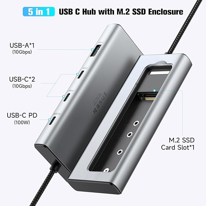 RSHTECH 5-in-1 USB C Hub with M.2 NVMe/SATA SSD Enclosure 10Gbps USB Data Ports (1A + 2C) and 100W Power Delivery Aluminum USB-C Dock Dongle for MacBook Laptops and More