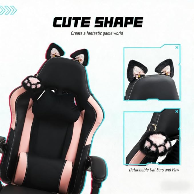 Pink Gaming Chair with Cute Cat Ears Comfy Ergonomic Computer Chair with Footrest and Headrest Video Game Chairs for Girls Adult Teen Height Adjustable Lumbar Support (Pink Black)