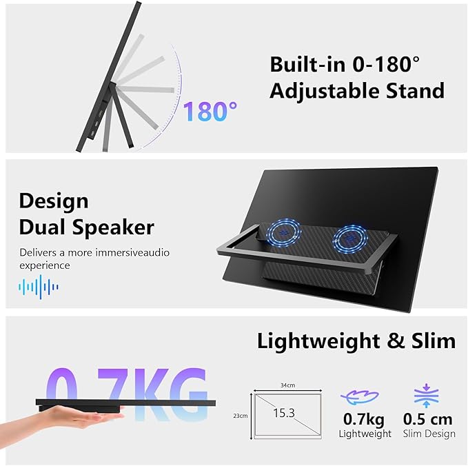 15.3 Inch FHD 1200P Touchscreen Portable Gaming Monitor USB-C HDMI Built-in Stand &amp Speakers Ultra-Thin External Second Screen Compatible with Laptop PC Mac Phone PS4 PS5 for Travel &amp Gamin