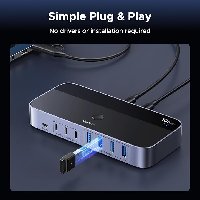 UGREEN 2-in 7-Out USB 3.2 Switch 10 Gbps Switcher for A or C Computers Sharing All Devices(4 A+3 C) Keyboard Mouse Switch with Type C Converter AdapterPower Adapter
