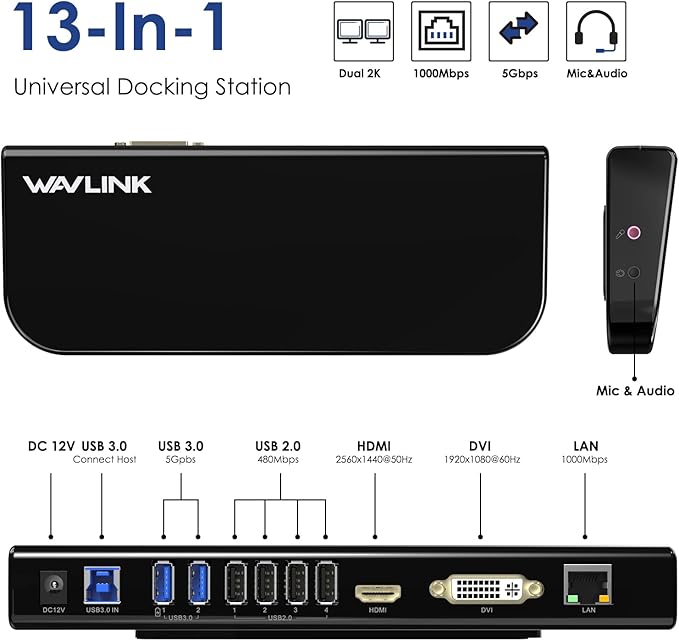 WAVLINK USB Laptop Docking Station Dual Monitors DisplayLink Computer Dock for M1 M2 Mac and Windows ChromeOS Ubuntu 20.04/22.04 (HDMI &amp HDMI/DVI/VGA 6xUSB Ports LAN Audio)