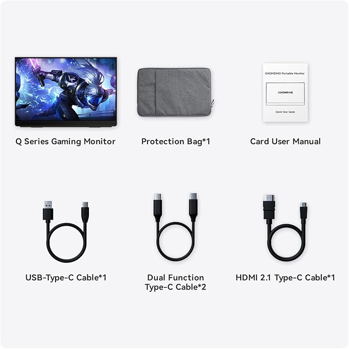 EHOMEWEI Q1g Pro 260Hz QLED 2.5K Portable Gaming Monitor 15.6 400Nit Brightness 16:9 Display 2560 * 1440 100% DCI-P3 for Working/Gaming/Travel Phone/Switch/Windows MacOS