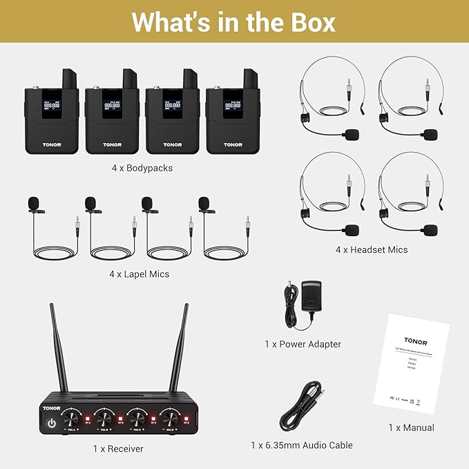 TONOR Wireless Microphones System with UHF Headset/Lavalier Lapel Mics Bodypack Transmitter Receiver 4 * 10 Channels 60 m/200ft Range for Church Conference Performance Singing Karaoke PA Speaker