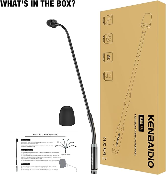 Gooseneck Microphone 23 Inch DJ Mic Professional Dynamic Bob Barker Microphone for Audio MixerDedicated DiscShoutingKTV BarPodiumConferenceMetal Supports 360°RotationBending3-pin XLR