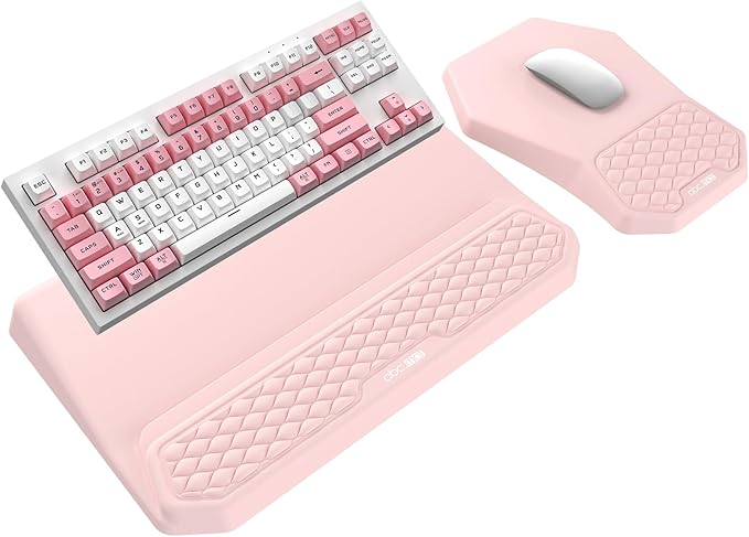 3-in-1 Ergonomic Keyboard Stand with Wrist Rest &amp Mouse Pad Set Comfy Keyboard Riser Holder Soft Mousepad with Massage Design Memory Foam and Non-Slip PU Base for Pain Relief Pink