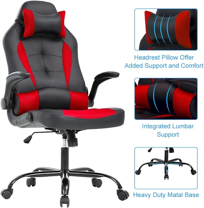 Meet perfect Gaming Chair Ergonomic Office Chair Desk Chair Leather Computer Chair Lumbar Support and Head Pillow Modern Executive Chair Adjustable Rolling Swivel Task Chair Home Office Chair Red