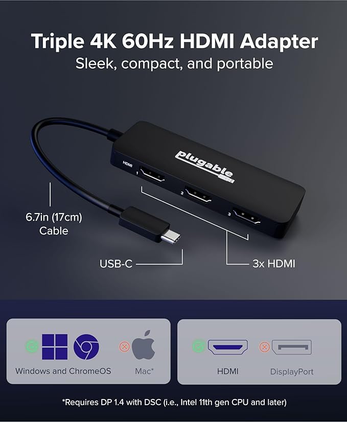 Plugable USB C to HDMI Multi Monitor Adapter | Triple 4K60 Displays | Driverless MST Hub for Windows Chrome OS USB-C Thunderbolt USB4 Laptops | Multi HDMI Ports HDR &amp HDCP Compliant (USBC-MST