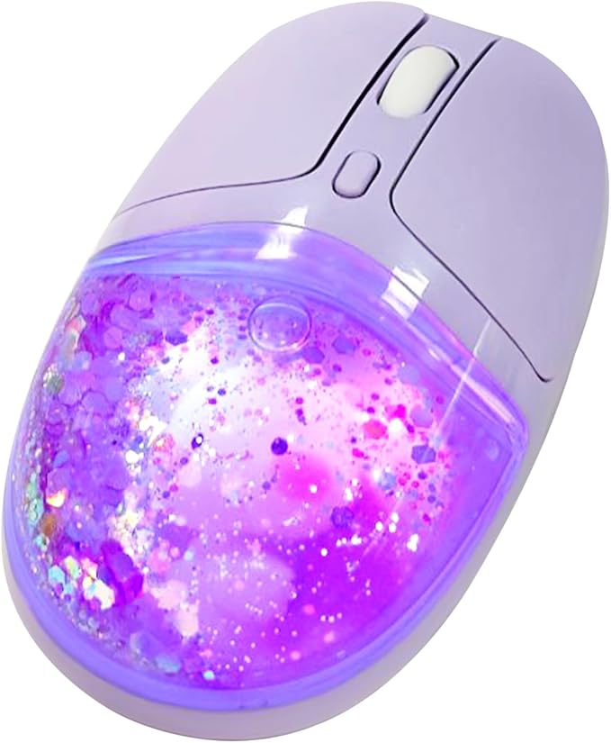 Wireless Bluetooth Mouse -Cute Clear Aqua Design Glitter Liquid Sand Water Mouse with Optical Precision Silent Clicks LED Breathing LightTransparent Retro Style for Home Office (Purple)