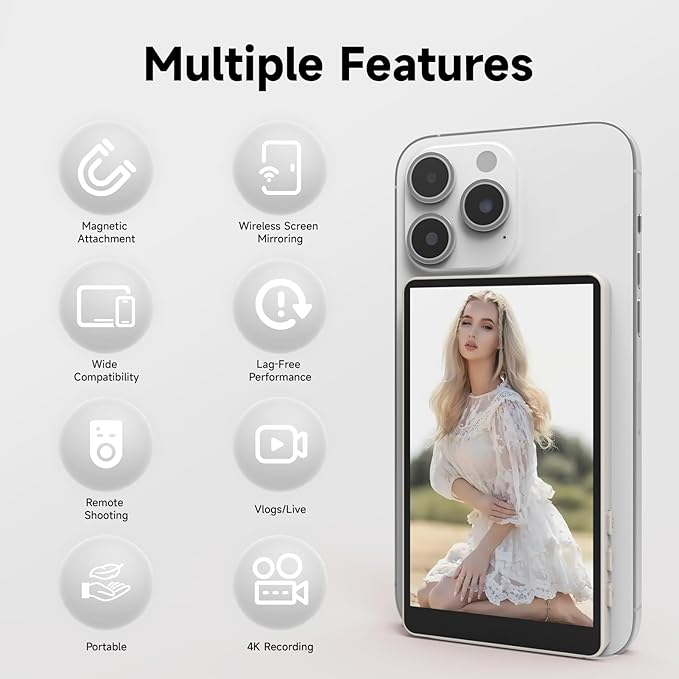Vamvo Selfie Monitor Screen Vlog Magnetic with Remote Control 1080P Wireless Screen Mirroring Video Recording for Android iOS for Content Creator Live Stream &amp TikTok (White)