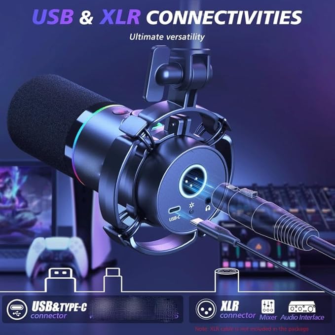 Dynamic Microphone/USB Mode Dynamic Mic Podcast Mic with Software and Gain Knob for Recording (D As Shown)
