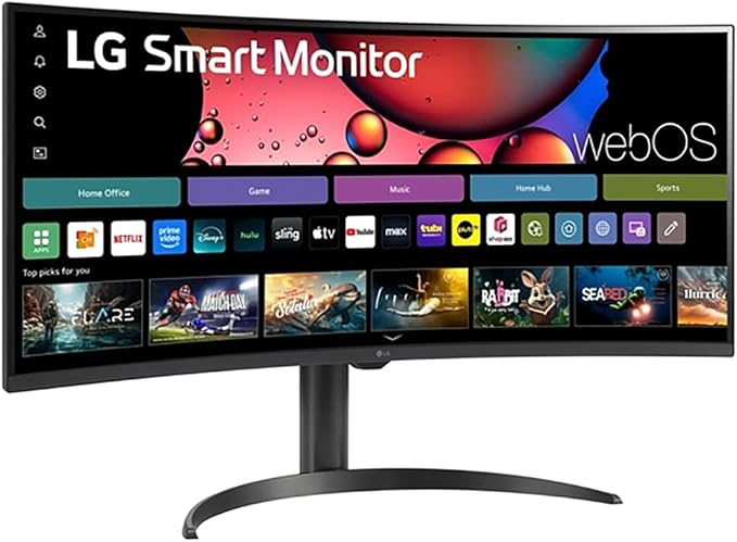 LG 34SR65QC-B 34 Inch Smart Monitor WQHD 1440P Curved Screen with Adjustable Stand Bundle with Elite Suite 18 2X HDMI Cable and Deco Gear CPS Exclusive 26 Month Protection Pack (BEACH-CPS-26M500)