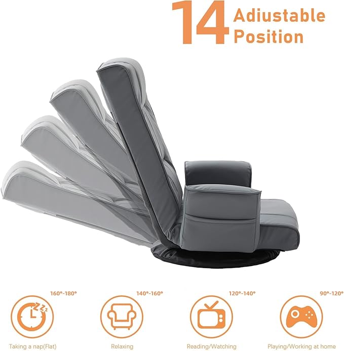 FLOGUOR 360° Swivel Gaming Floor Chair with Armrests – 14-Position Adjustable Folding Floor Sofa Lounger Padded Backrest Multi-Angle Recline for Home Living Room &amp Office (Grey)