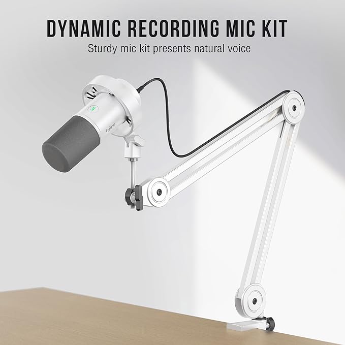 FIFINE Podcast XLR/USB Microphone Kit Studio Dynamic Vocal Mic for Recording Streaming Voice-Over PC Microphone with Boom Arm with Mute Headphone Monitoring Metal-AmpliTank K688T White