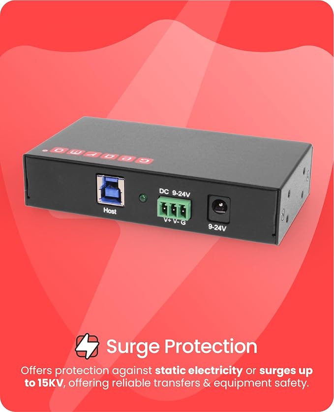 Gearmo 4 Port USB 3.0 Hub w/ESD and Surge Protection Wall and Desk Mount Ready USB-A Hub Includes 12V/2A Power Adapter and Terminal Block for Versatile Power Input