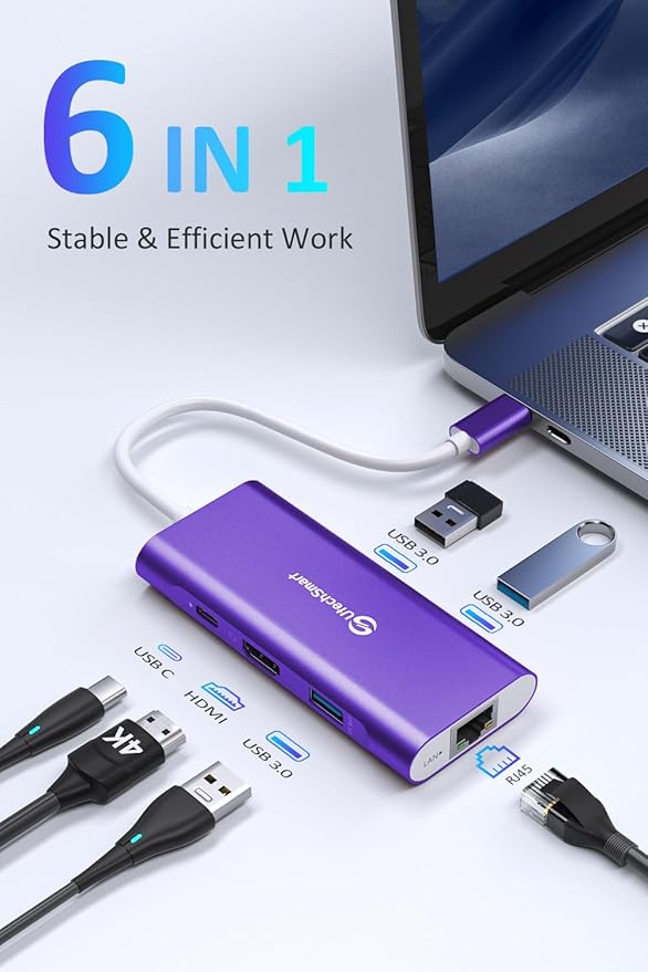UtechSmart USB C Hub Ethernet Multiport Adapter 6 in 1 USB C to HDMI Dock Compatible for MacBook Pro/Air Chromebook Dell XPS HP and Type C Devices Dark Purple