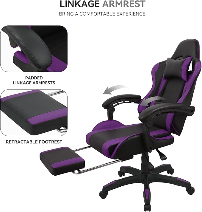 Gaming Chair Ergonomic Computer Chairs with Arms Lumbar Support Footrest Headrest 360°Swivel Chair Adjustable Back and Height Leather PC Chairs for Gaming Study Office Black/Purple