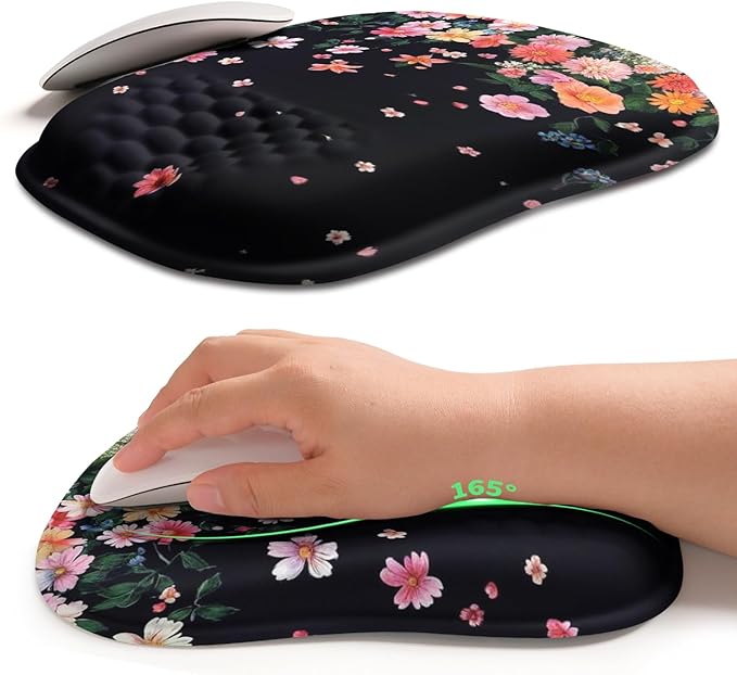 Hokafenle Ergonomic Wrist-Hugging Mouse Pad Wrist Support U-Shaped Holding Wrist Rest Mousepad for Carpal Tunnel Pain Relief with Cushioned Memory Foam Slope Massage Bulge (10.2x8.3 inFall Flower)