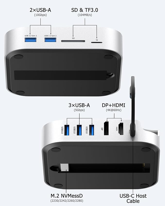 Mac mini Dock with NVMe SSD Enclosure USB-C Hub for Mac mini M4/M4 Pro with 2X USB-A 10Gbps 3X USB-A 5Gbps HDMI DP SD/TF Card Reader – Magnetic Cover Up to 8TB SSD Support