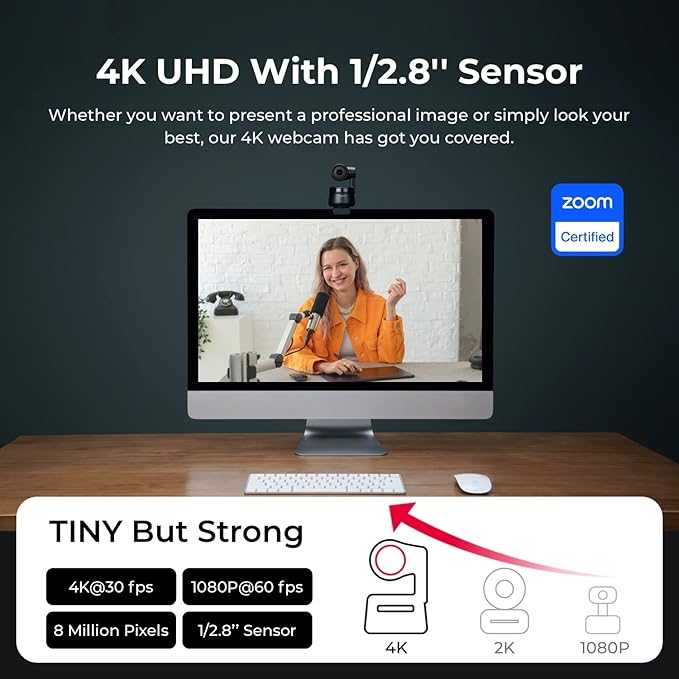OBSBOT Tiny PTZ 4K Webcam AI Powered Framing &amp Autofocus 4K Video Conference Camera with Dual Omni-Directional Microphones Auto tracking with 2 axis gimbalHDR60 FPSLow-Light CorrectionStrea