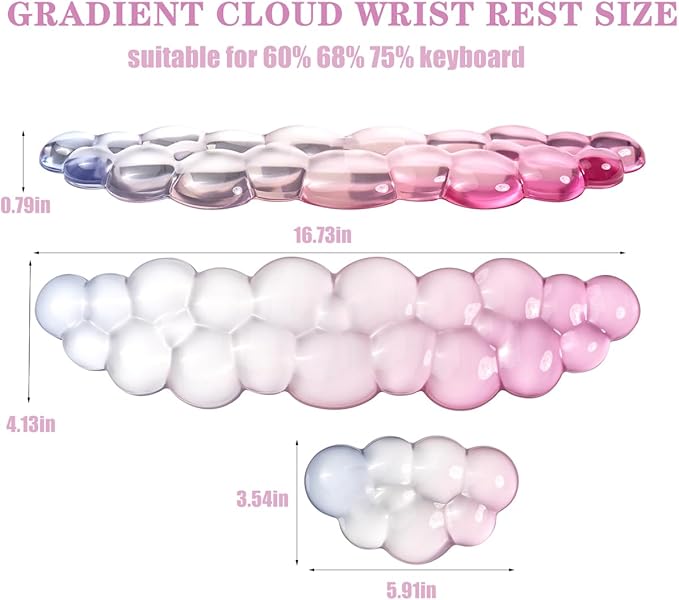 Ergonomic Cloud Silicone Gel Keyboard and Mouse Wrist Rest Set – Clear Wrist Rest for Computer Keyboard 60%/68%/75% Comfort &amp Support for Typing and Gaming (Light Pink Blue)