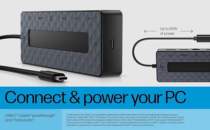 HP Universal USB-C 7-in-1 Multiport Hub Docking Station Bundle w/DKZ Hub 4 USB Ports HDMI 2.0 Display Port 1.2 RJ-45 USB-C Powered No Power Supply w/Single Cable Connection to Any Brand Laptop