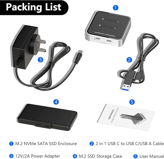 MiliPow Dual Bay M.2 NVME SATA SSD Enclosure USB 3.2 10Gbps HUB PCIE NVMe Docking Station Up to 16TB Plug and Play with M.2 SSD Storage Case