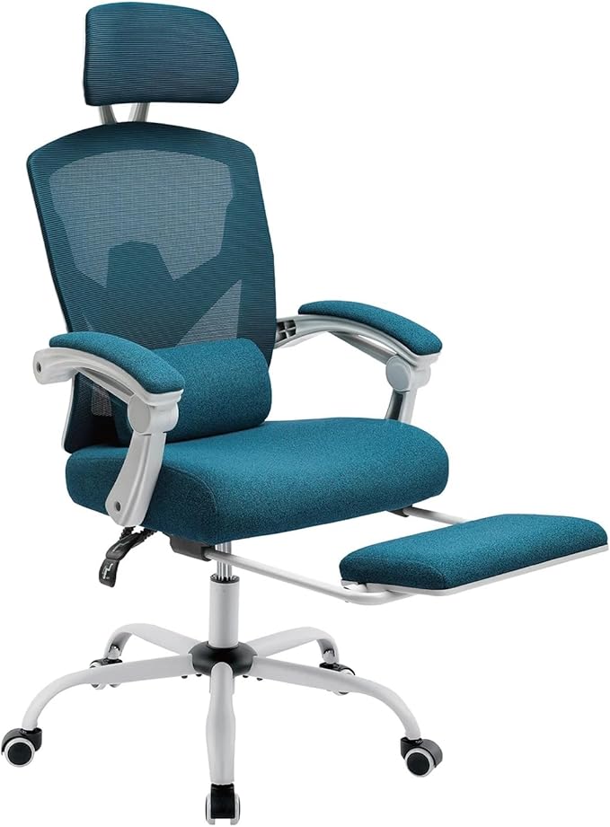 Ergonomic Reclining High Back Mesh Living Room Rocking Gaming Chair Computer Desk Swivel Rolling Lumbar Support Pillow (Blue)