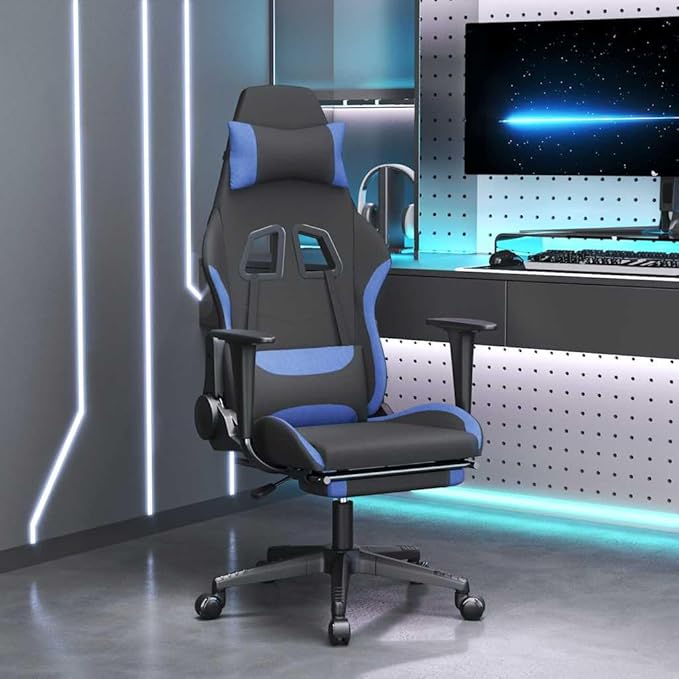 vidaXL Gaming Chair Massage Gaming Chair with Footrest Adjustable Swivel Recliner Computer Chair for Office Modern Style Black and Blue Fabric