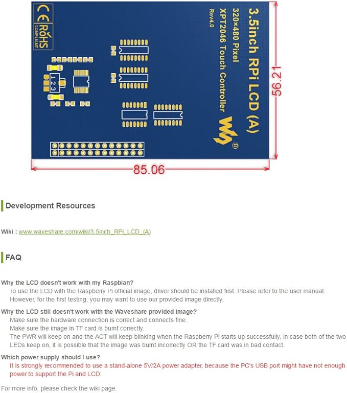 Waveshare 3.5 inch RPi LCD (A) Touch Screen TFT LCD for any Revision of Raspberry Pi Model B/B+/2 B /3 B/3 B+