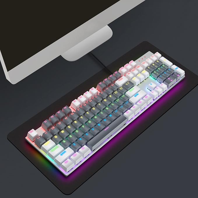 RGB Backlit 104 Keys Mechanical Gaming Keyboard USB Wired Computer Keyboard 28 Backlight Modes for Windows 2000 for Vista (White Grey)