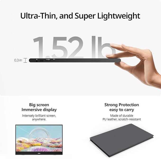 MNN Portable Monitor 15.6inch FHD 1080P USB C HDMI Gaming Ultra-Slim IPS Display w/Smart Cover &amp SpeakersHDR Plug&ampPlay External Monitor for Laptop PC Phone Mac (15.6'' 1080P)