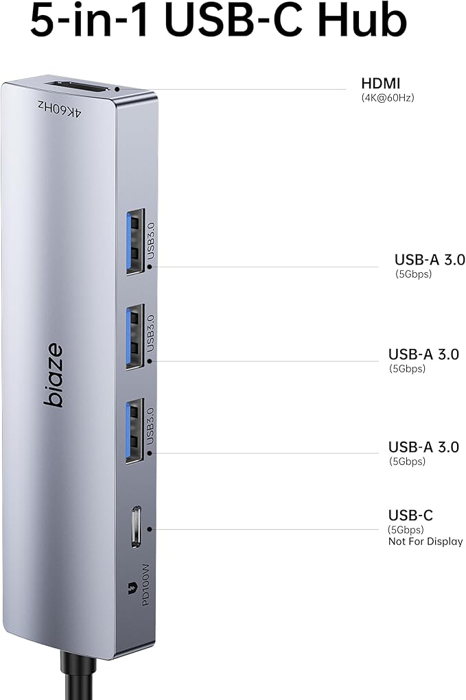 5-in-1 Dock for MacBook - Expand Your Ports! Supports 4K60Hz HDMI 100W PD Fast Charging 3 USB 3.0 Ports Hub for Laptop. Compatible MacBook Air/Pro M4/M3 and iPhone 15/16 Series.