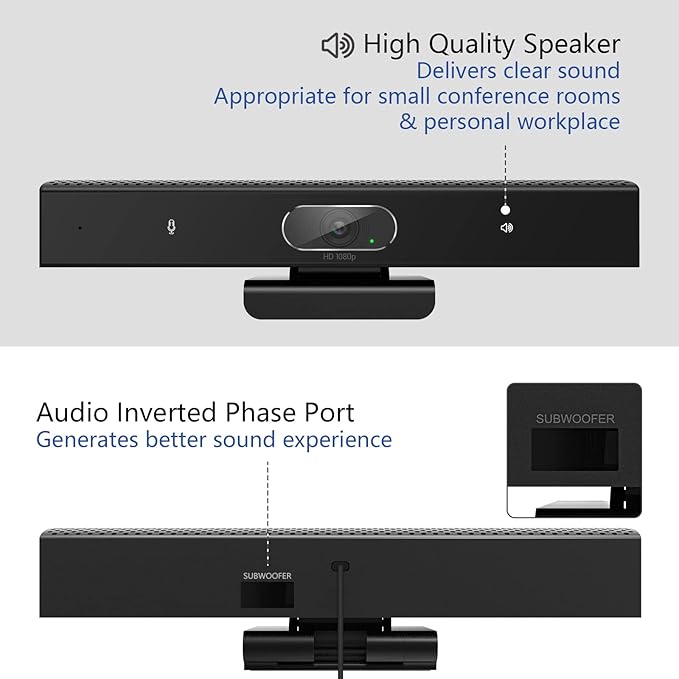 Conference Room Camera 3-in-1 1080p Full HD Webcam with Microphone and Speaker USB Plug and Play Wide Angle Video Conference Camera for Desktop Laptop Mac PC (Black)