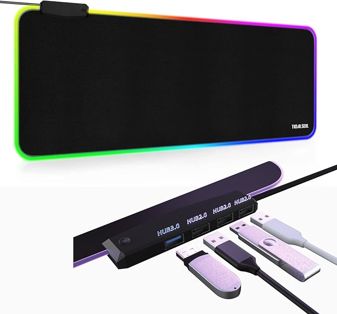 RGB Large Gaming Mouse Pad with 4Port USB Hub and 13Lighting Modes Computer Keyboard Mouse Pad Oversize Anti-Slip Rubber Base Mouse Mat for Computer PC Games (31.5 x 11.81 in Black0.15in Thick)