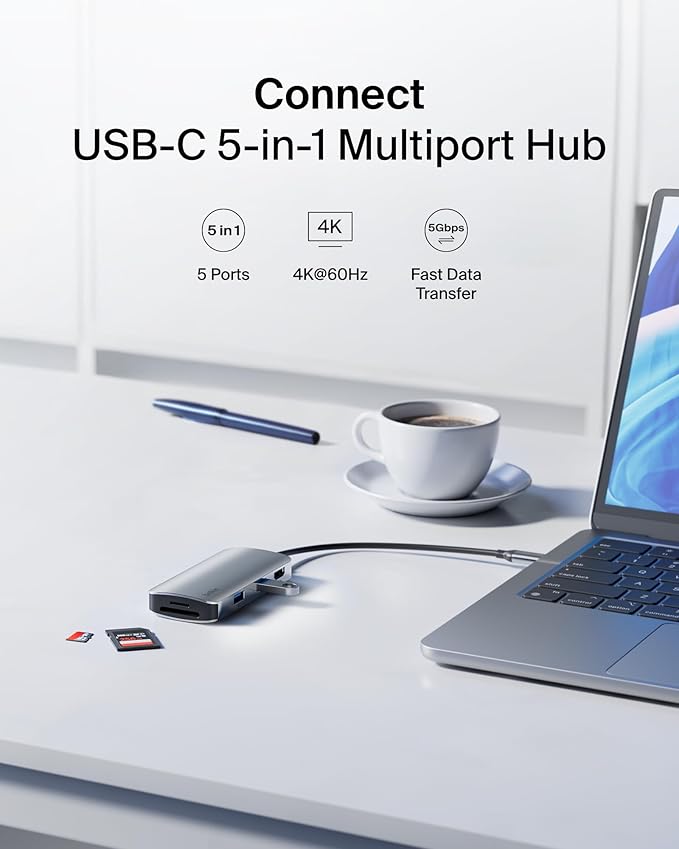 Belkin USB-C Hub 5-in-1 Multiport Adapter - USB-C Docking Station with 4K HDMI 2 x USB-A Ports SD Card Slot &amp MicroSD Card Slot for MacBook Pro Air iPad Pro XPS and More